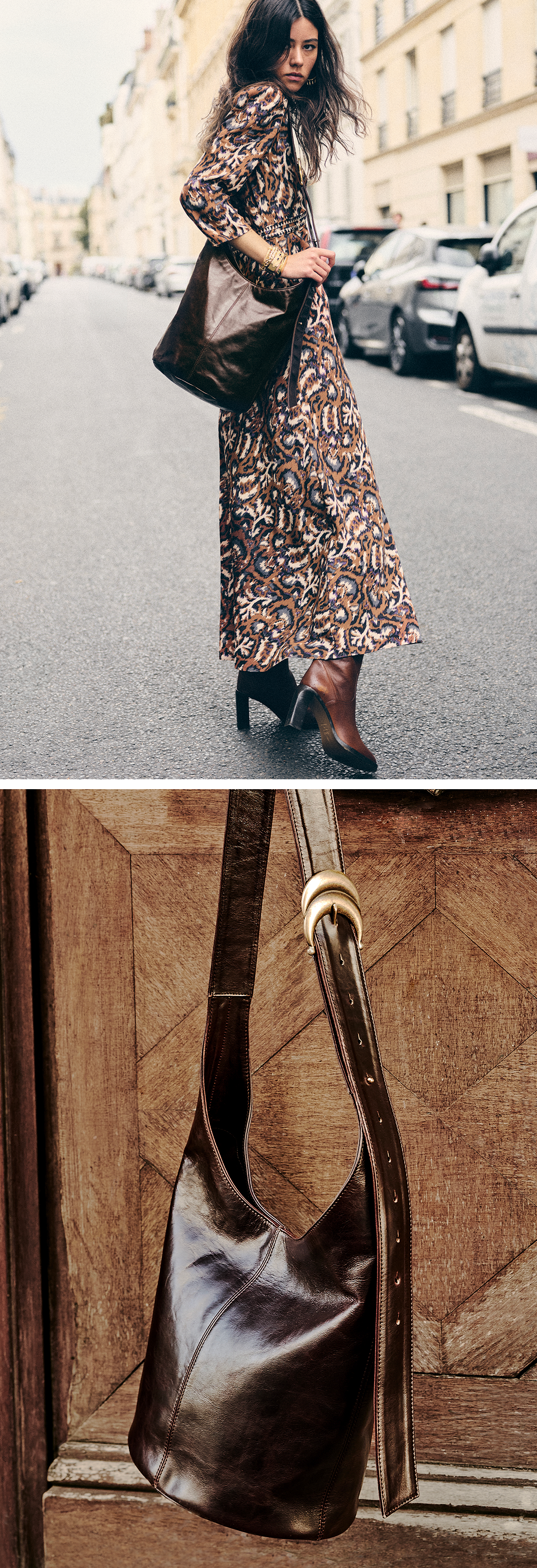 long brown hair model, wearing a long printed dress and the new iconic leather bag YOUYOU