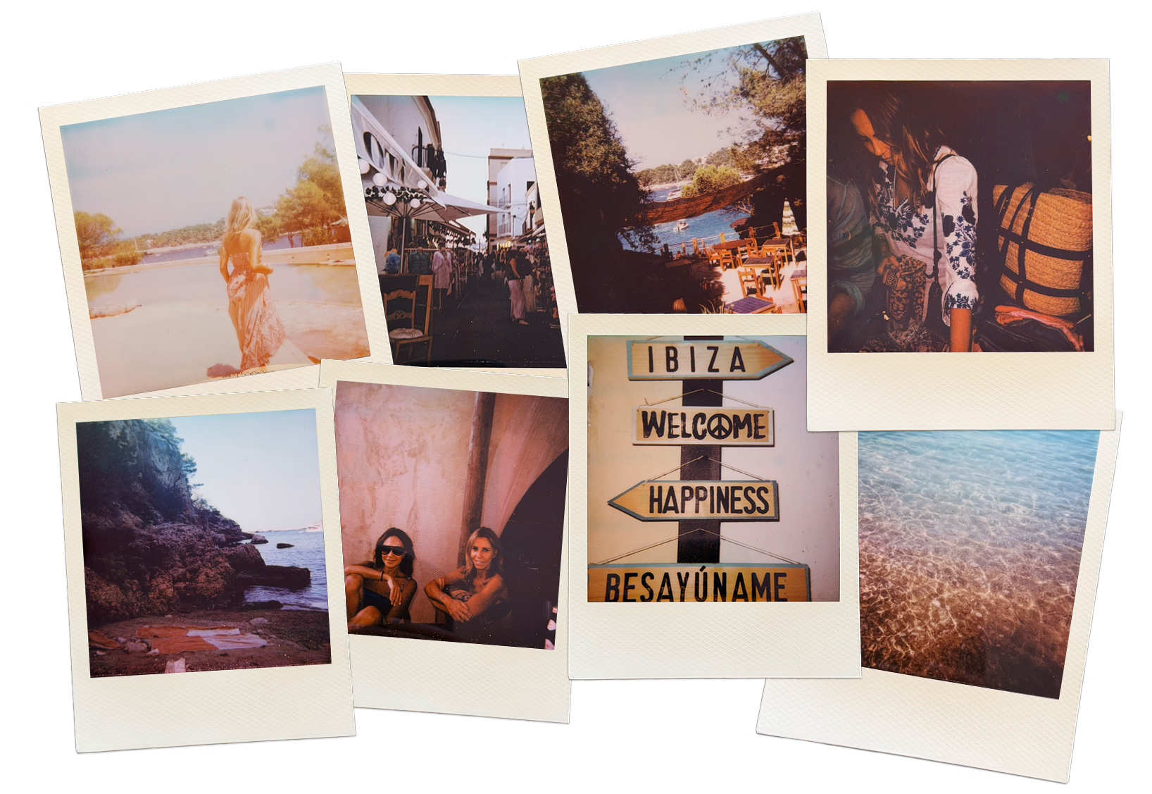  Collage of vintage-style Polaroid photos capturing scenes from Ibiza, including two women relaxing together, coastal landscapes, a seaside restaurant, crystal-clear water, a local street, and a sign reading &ldquo;Ibiza,&rdquo; &ldquo;Welcome,&rdquo; &ldquo;Happiness,&rdquo; and &ldquo;Besay&uacute;name.&rdquo; The images feature warm tones, faded colors, and a nostalgic instant-film aesthetic.