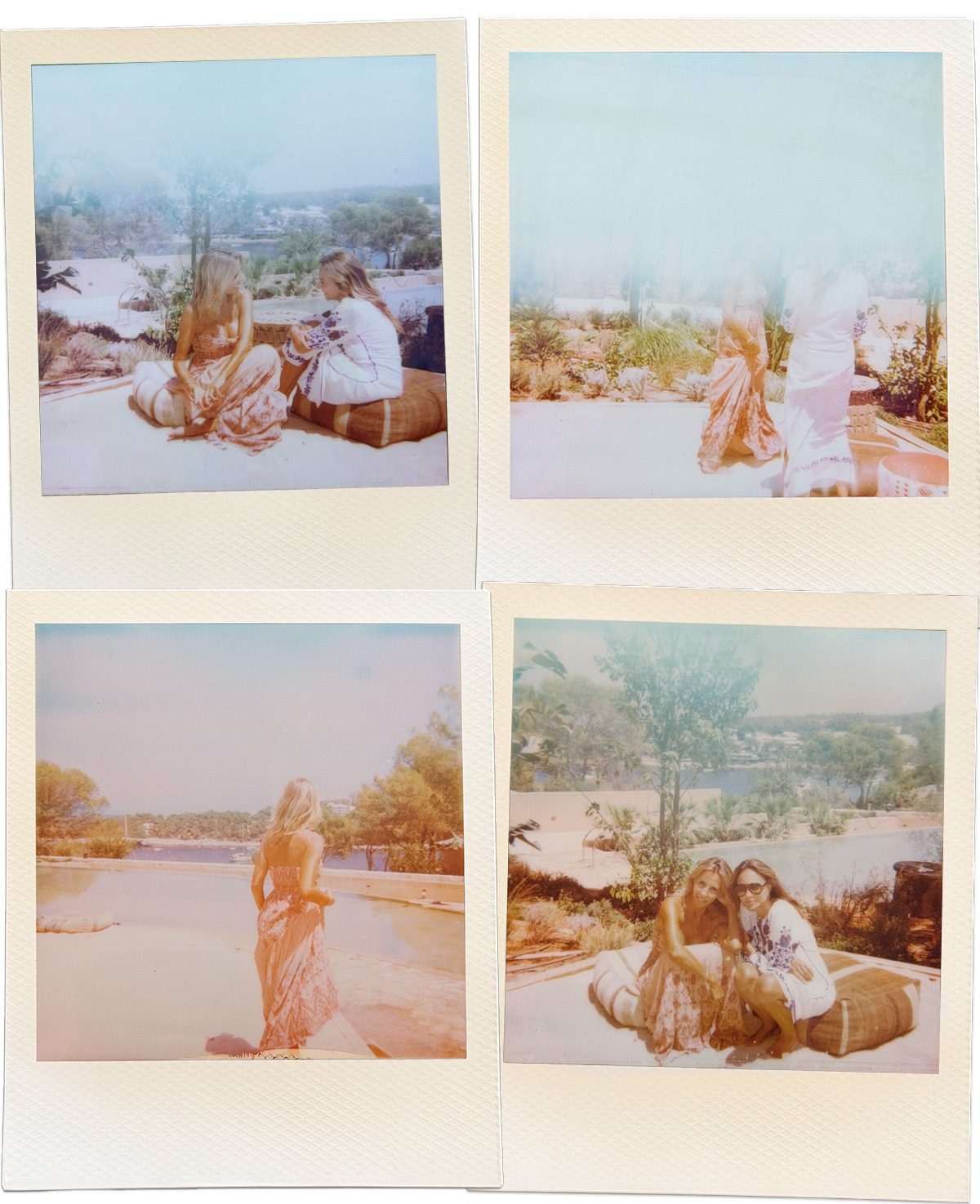 Polaroid triptych featuring Barbare & Sharon sitting and later posing together on outdoor cushions beside a swimming pool, with a sunlit tree-filled landscape in the background. The photos have a vintage look with faded colors and noticeable overexposure, especially in the center image.