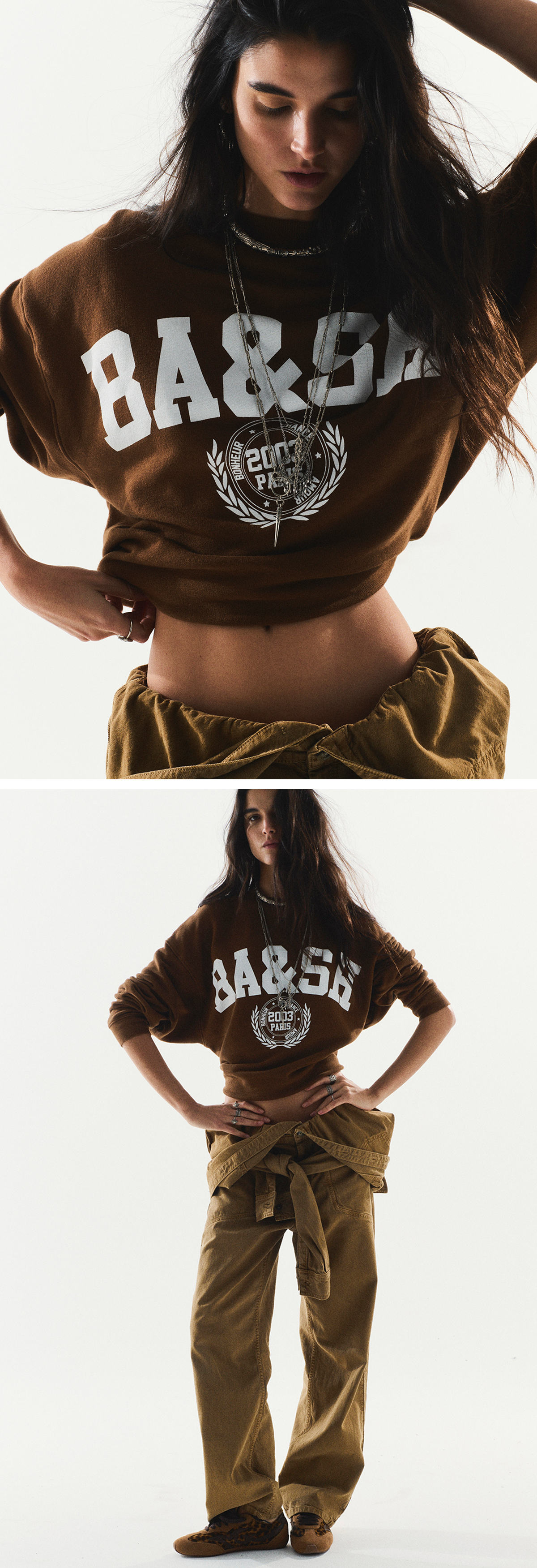 a model wearing a brown ba&sh sweatshirt