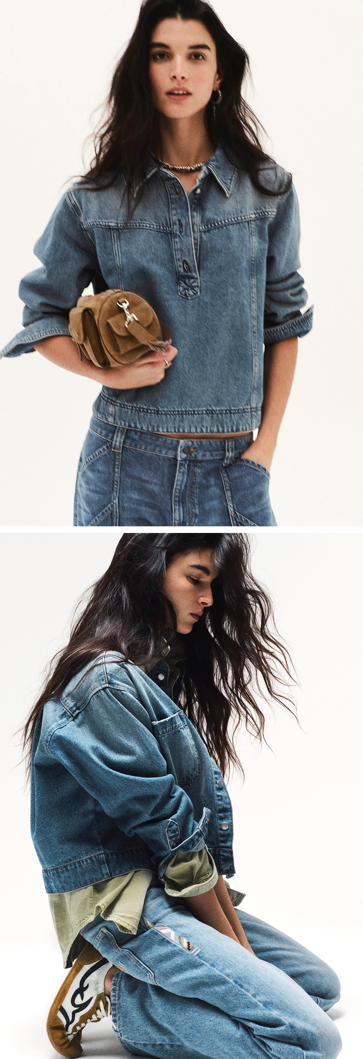 a model wearing blue jeans and a blue jacket with celleste sneakers & Beni bag